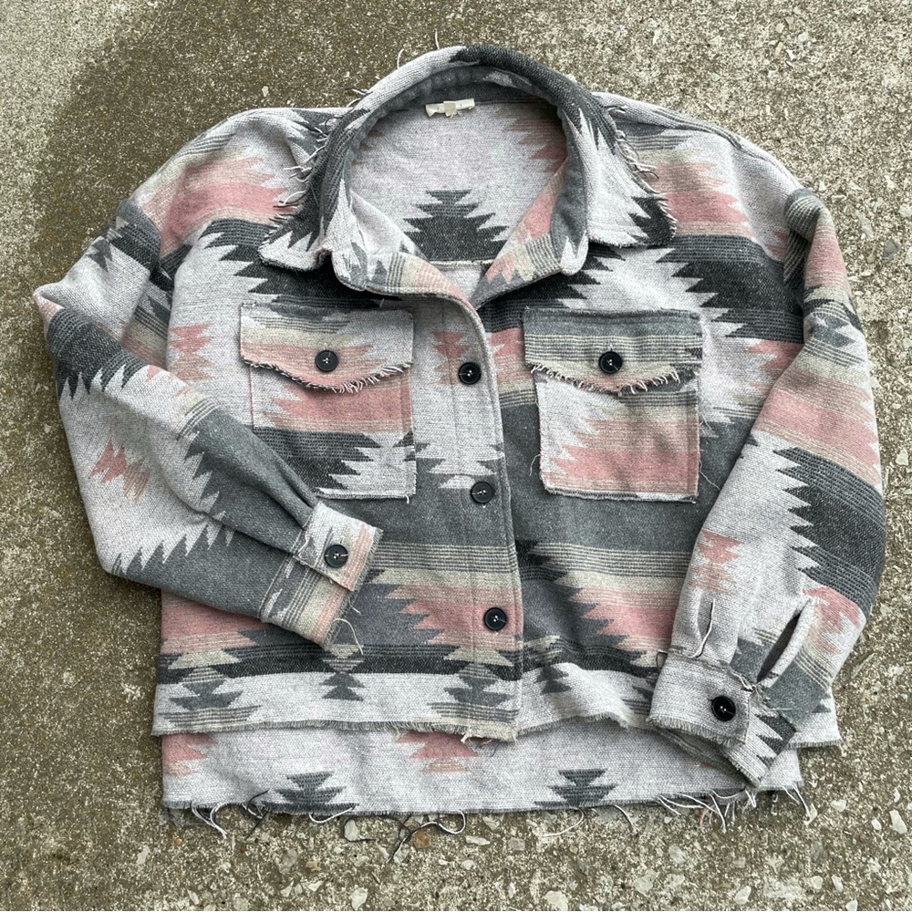La Miel | Aztec Oversized Raw Frayed Hem Jacket - Picture 4 of 9